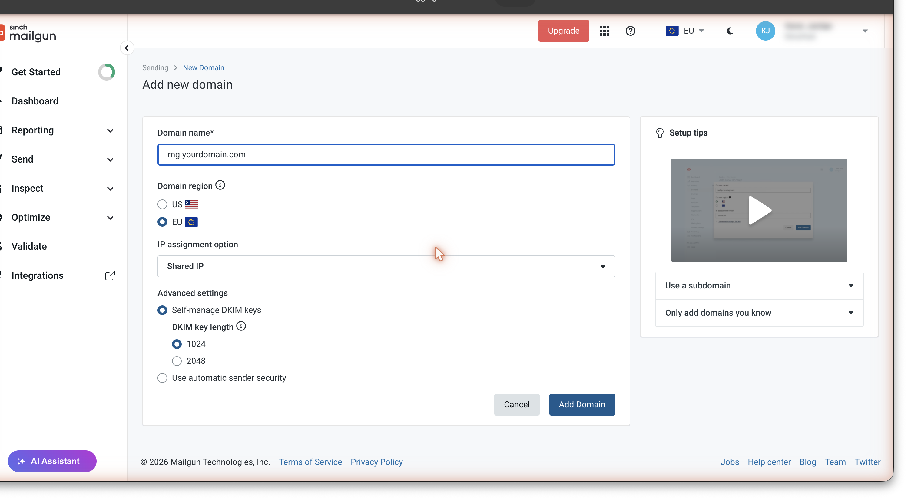 The Add Domain form with the dangerous Self-manage DKIM keys option pre-selected as the default
