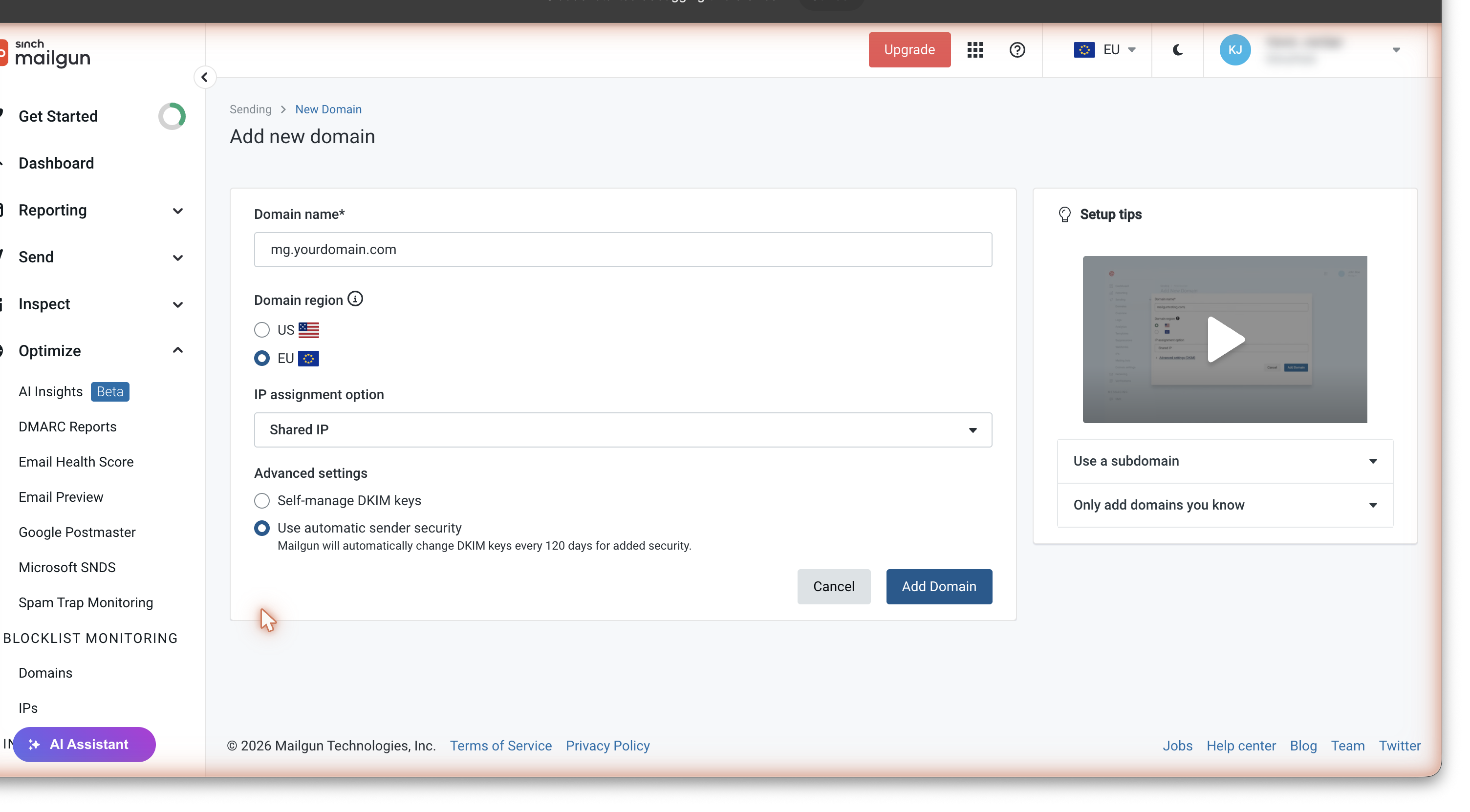 The Mailgun Add Domain form with Use automatic sender security correctly selected