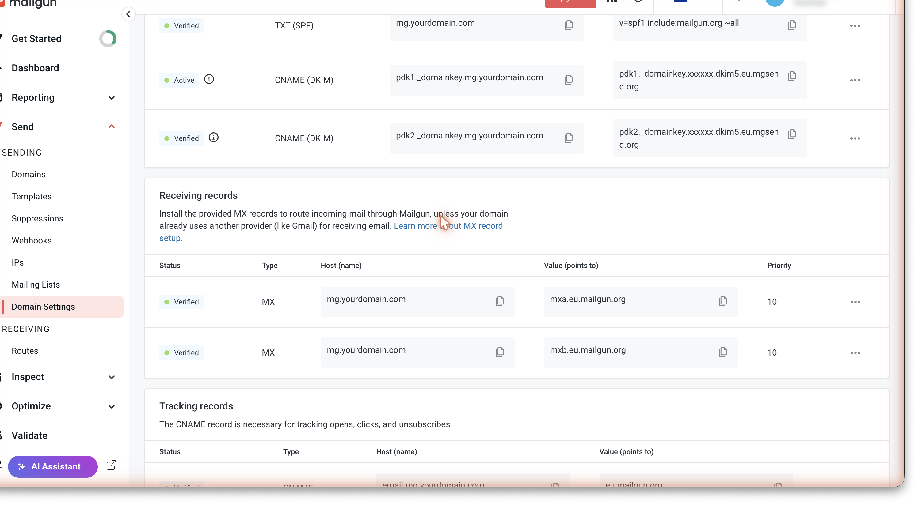 Mailgun DNS records page scrolled to show MX receiving records and Tracking CNAME record