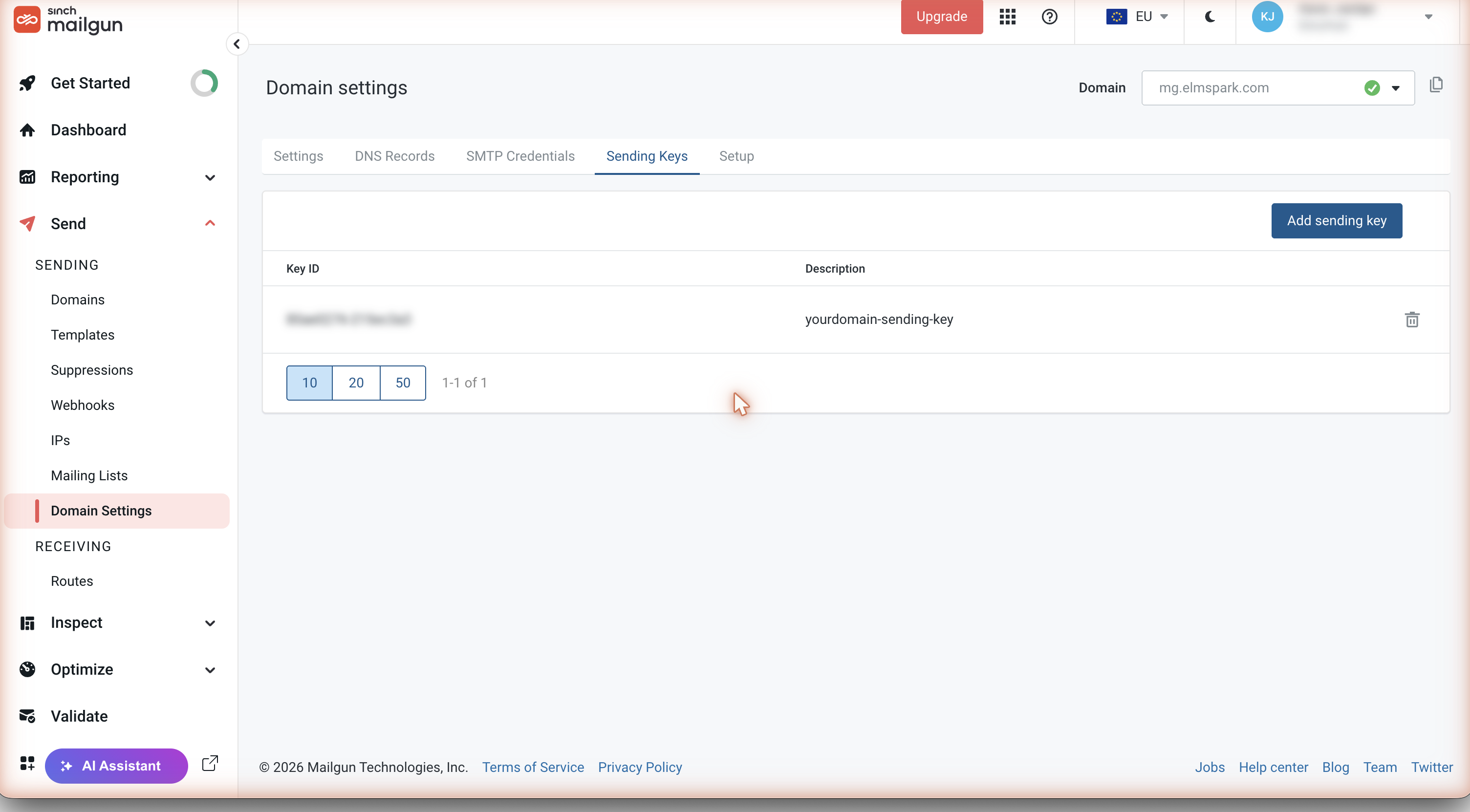 Mailgun domain settings Sending keys tab showing an existing key entry with Add sending key button