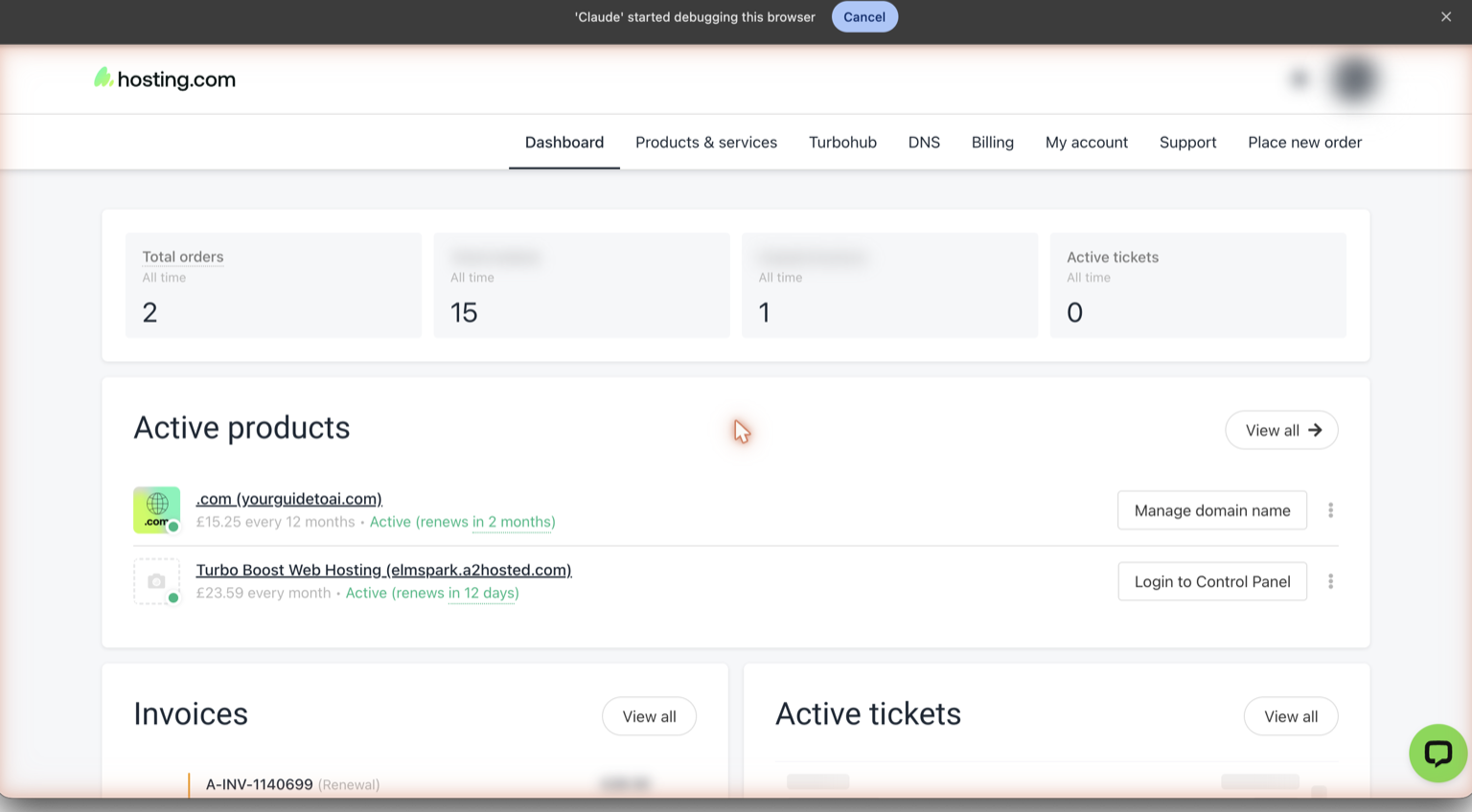 A2 Hosting account dashboard showing hosting packages and Login to Control Panel button