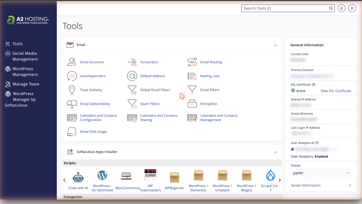 cPanel Tools page showing Email, File Manager and Databases sections