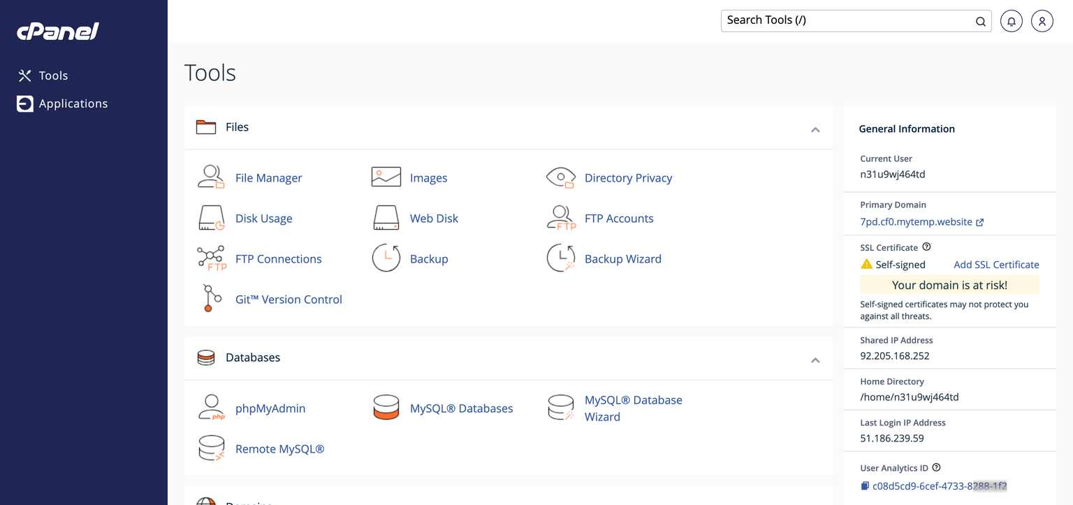 cPanel Tools page showing the Files and Databases sections