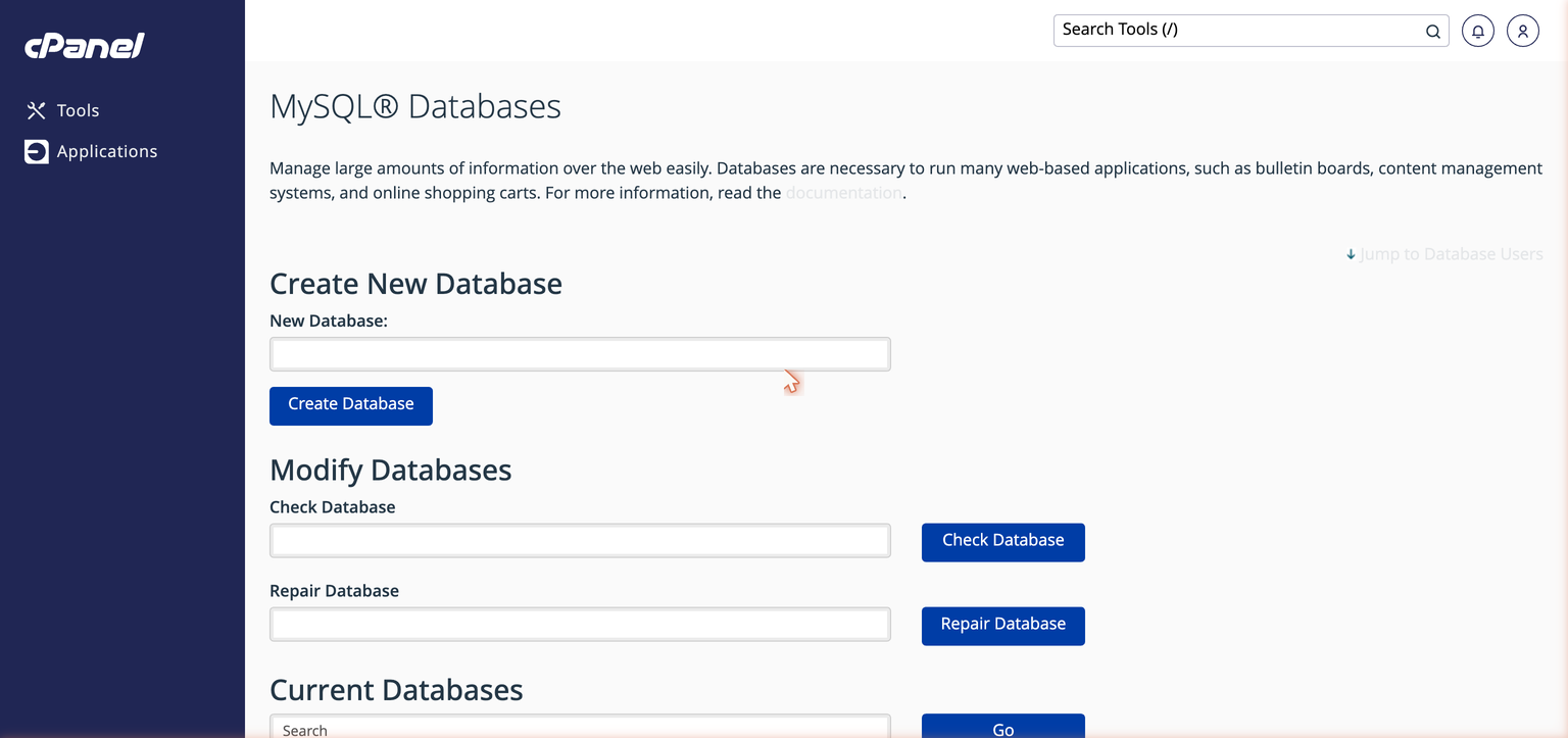 cPanel MySQL Databases page with the Create New Database form