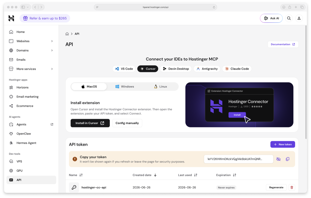 Hostinger hPanel API page with the Cursor tab selected, showing the Install in Cursor extension button and Config manually option