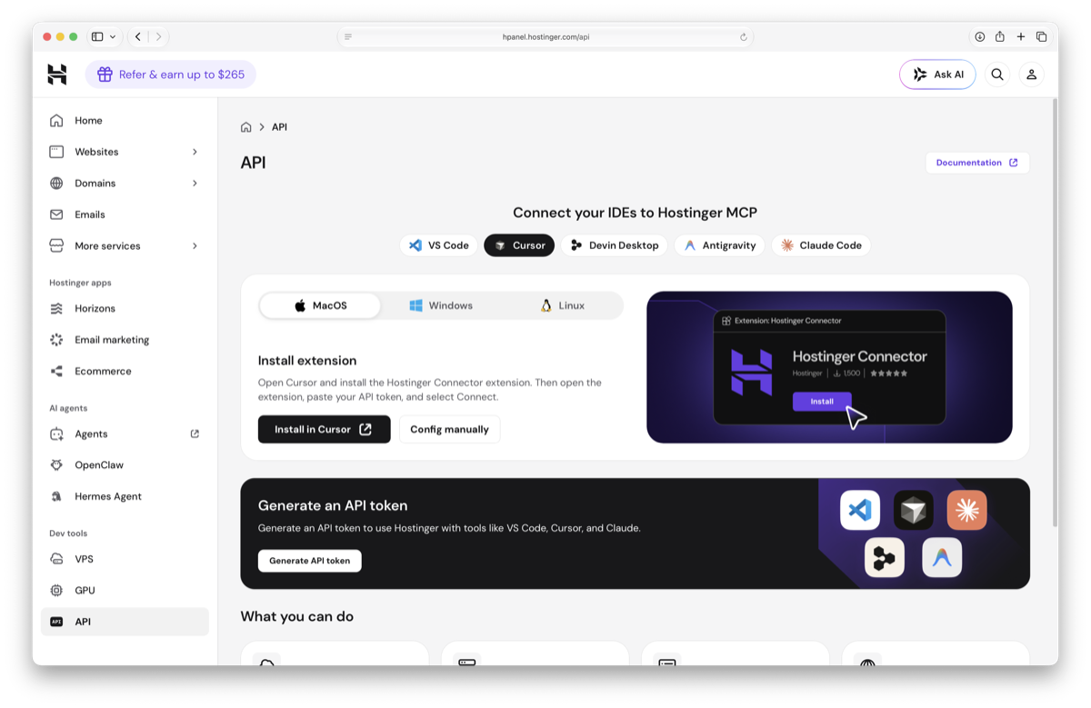 Hostinger hPanel showing the Install extension section above and the Generate an API token button below it