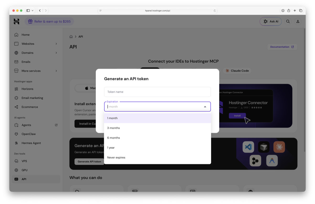 Generate an API token modal with a token name field and expiration dropdown showing options: 1 month, 3 months, 6 months, 1 year, Never expires