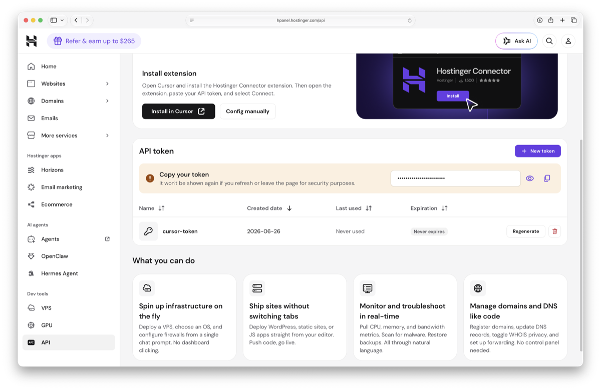 API token section showing 'Copy your token — it won't be shown again' warning, with the cursor-token entry listed below