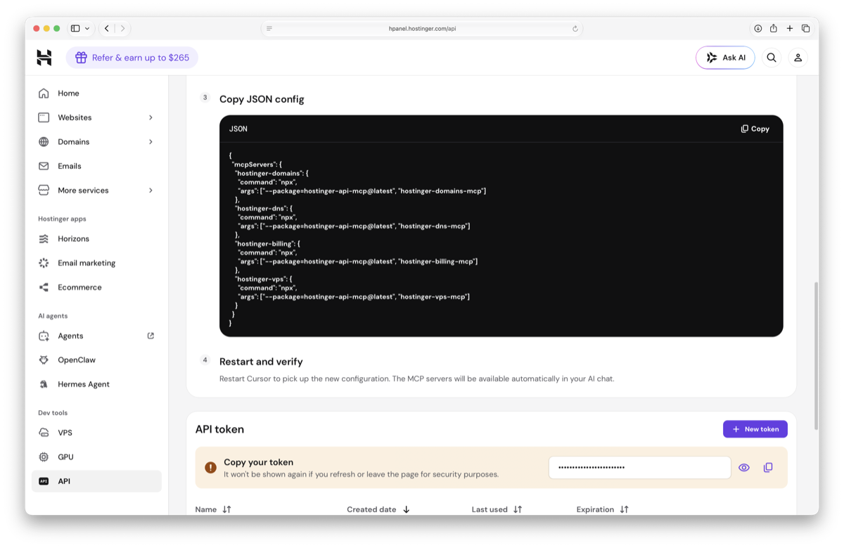 Copy JSON config section with the generated mcpServers block and a Copy button. Step 4 below says: Restart Cursor to pick up the new configuration.