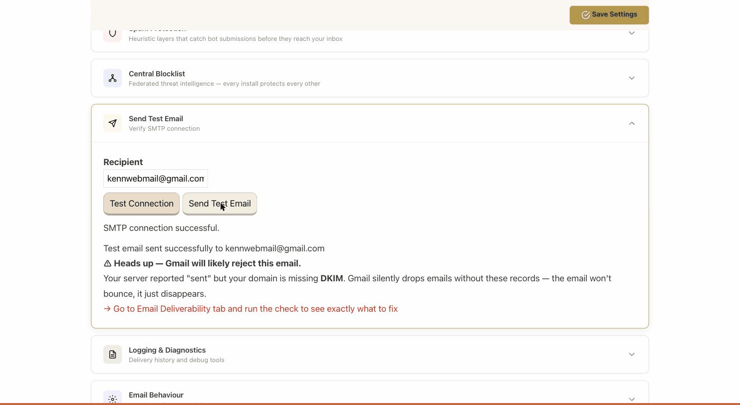 EP Email test result on GoDaddy: SMTP connection successful and test email sent, with a heads-up that Gmail will reject it because the domain is missing DKIM