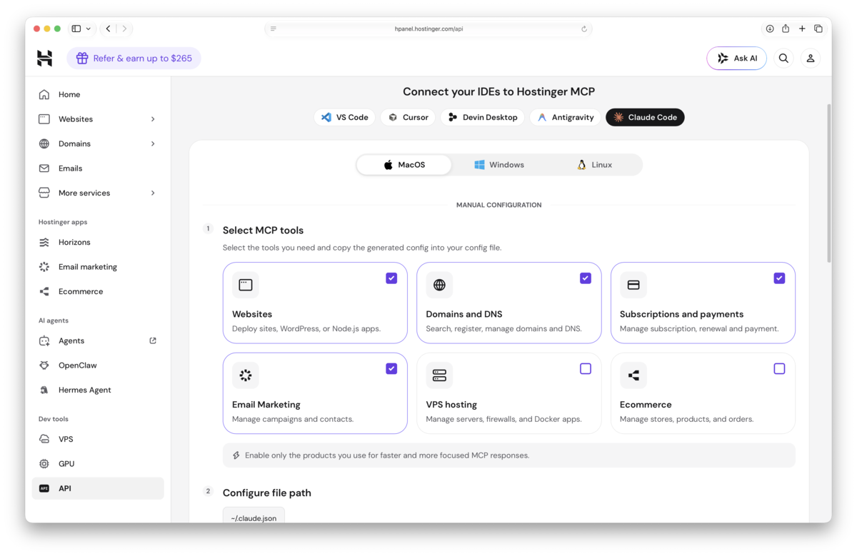 Hostinger hPanel showing the 'Connect your IDEs to Hostinger MCP' page with VS Code, Cursor, and Claude Code tabs