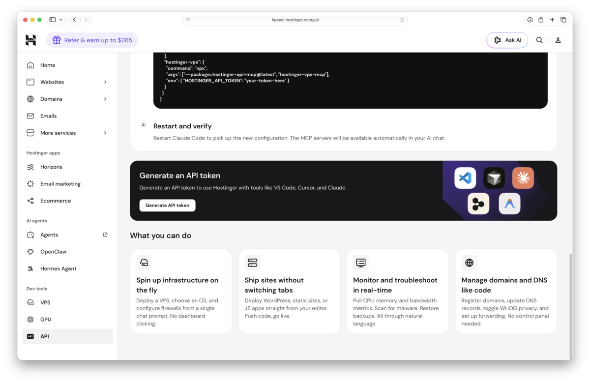The 'Generate an API token' button on the Hostinger MCP page