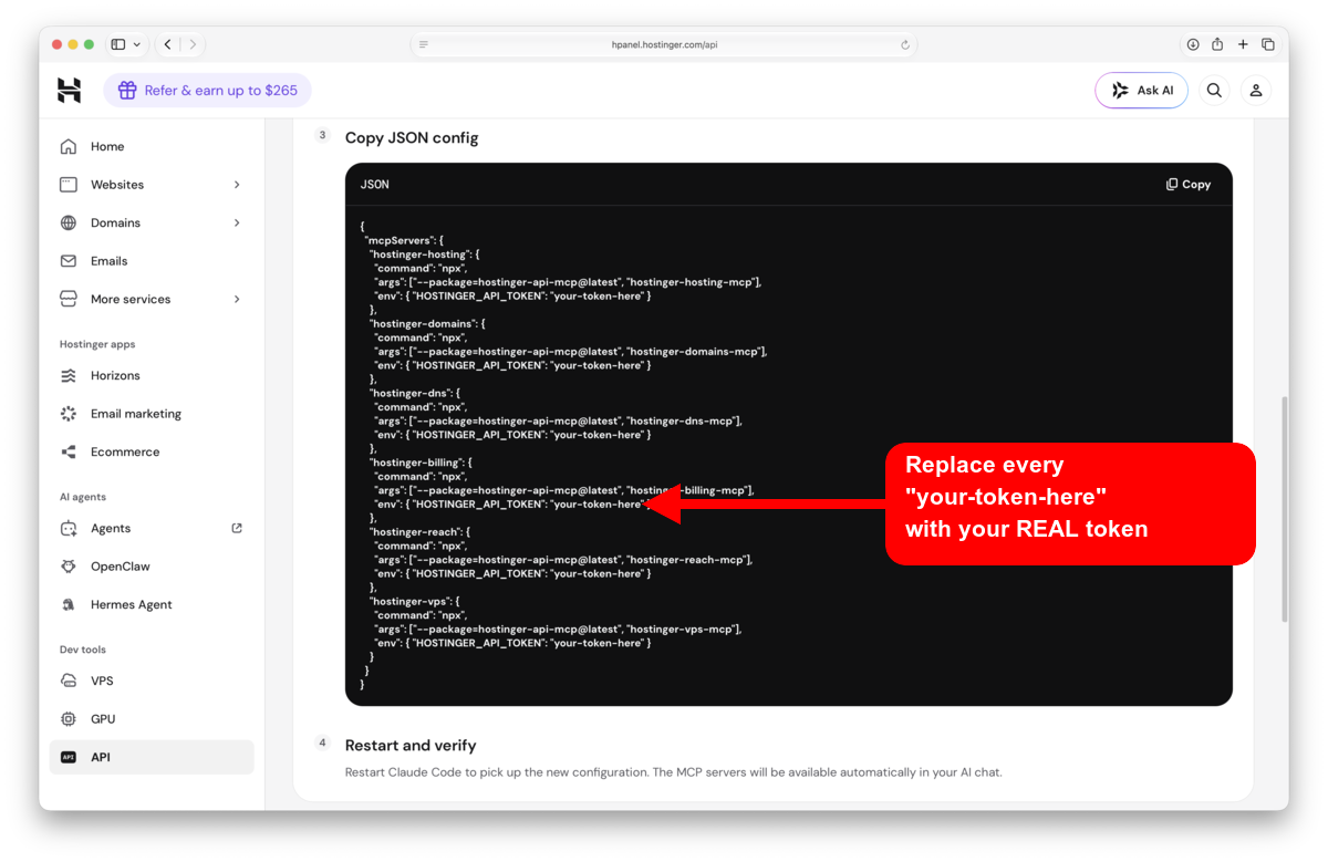 The MCP JSON config block shown by Hostinger, with a red callout pointing at the your-token-here placeholder and the instruction to replace every one with your real API token