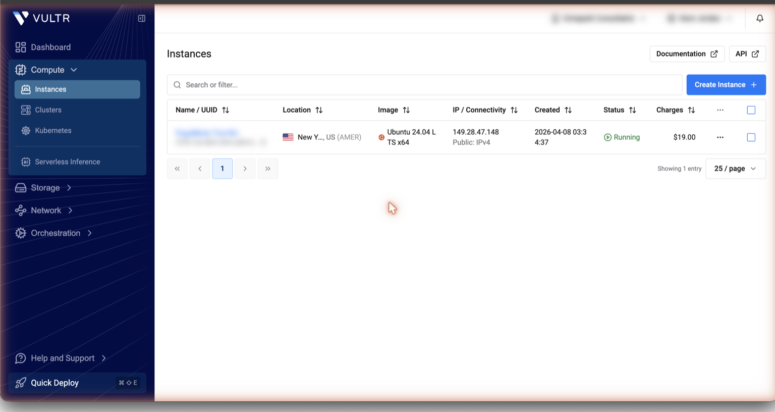 Vultr Compute Instances dashboard with Create Instance button