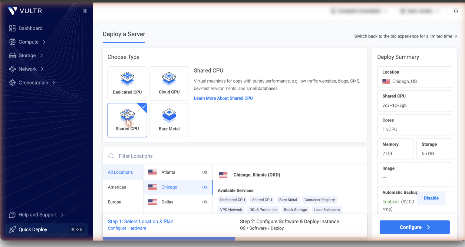 Deploy a Server — Choose Type screen with Shared CPU selected