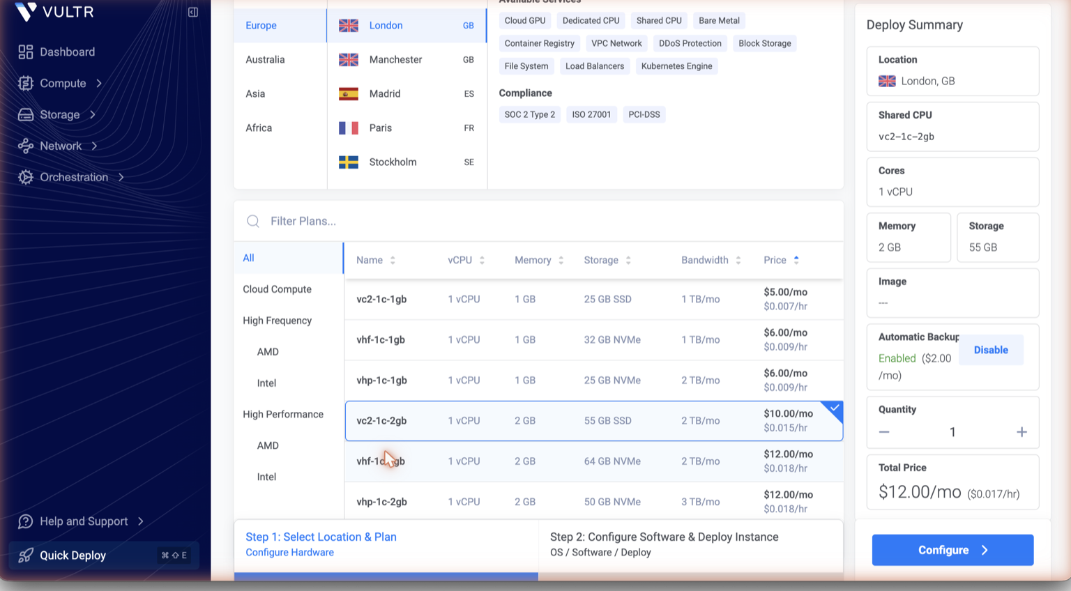 Vultr Deploy — Europe/London selected, vc2-1c-2gb plan highlighted in the plan table