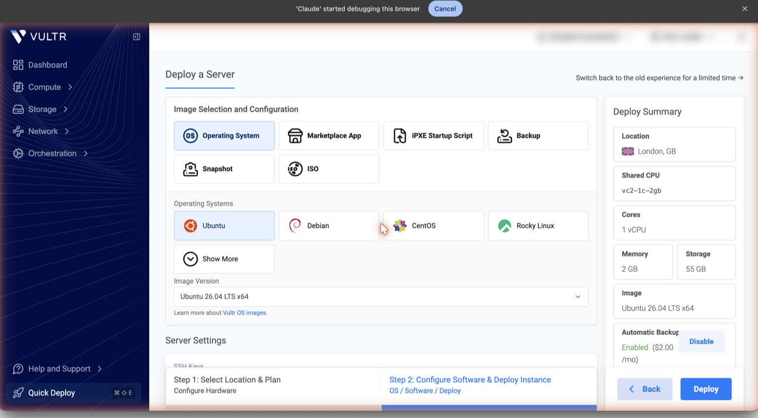 Vultr Step 2 — Ubuntu OS selected, SSH Keys field visible